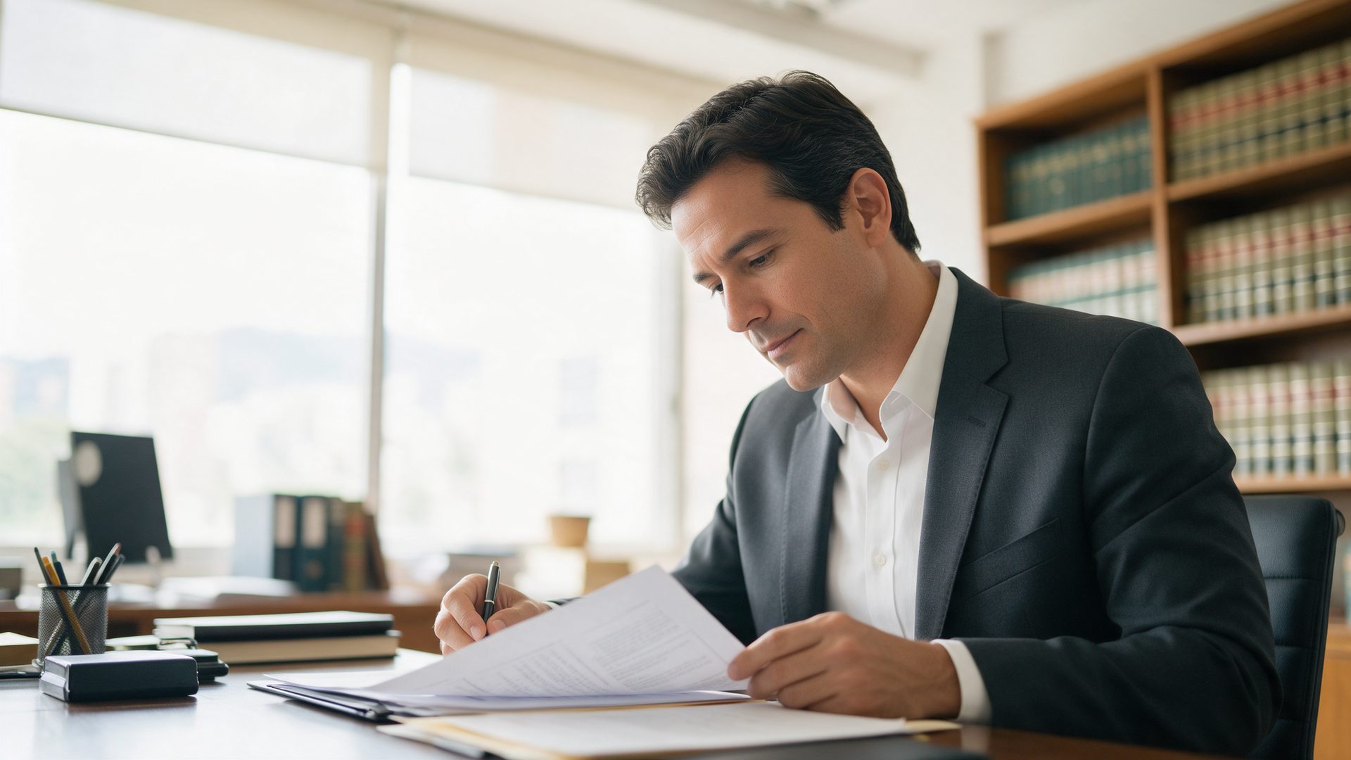 Asesor de seguros revisa documentos en su oficina