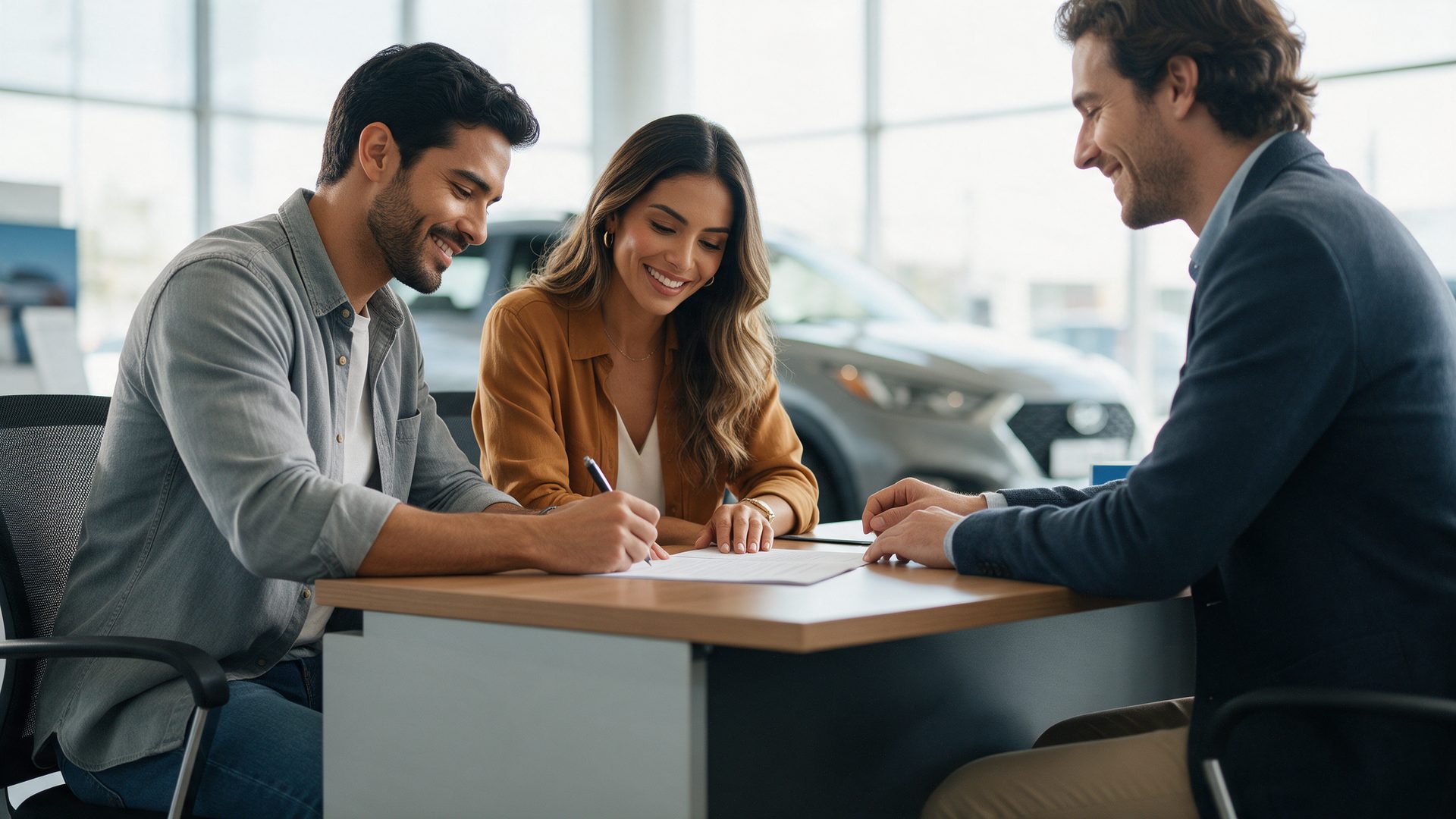 Pareja joven firma los papeles del crédito de su carro nuevo en un concesionario