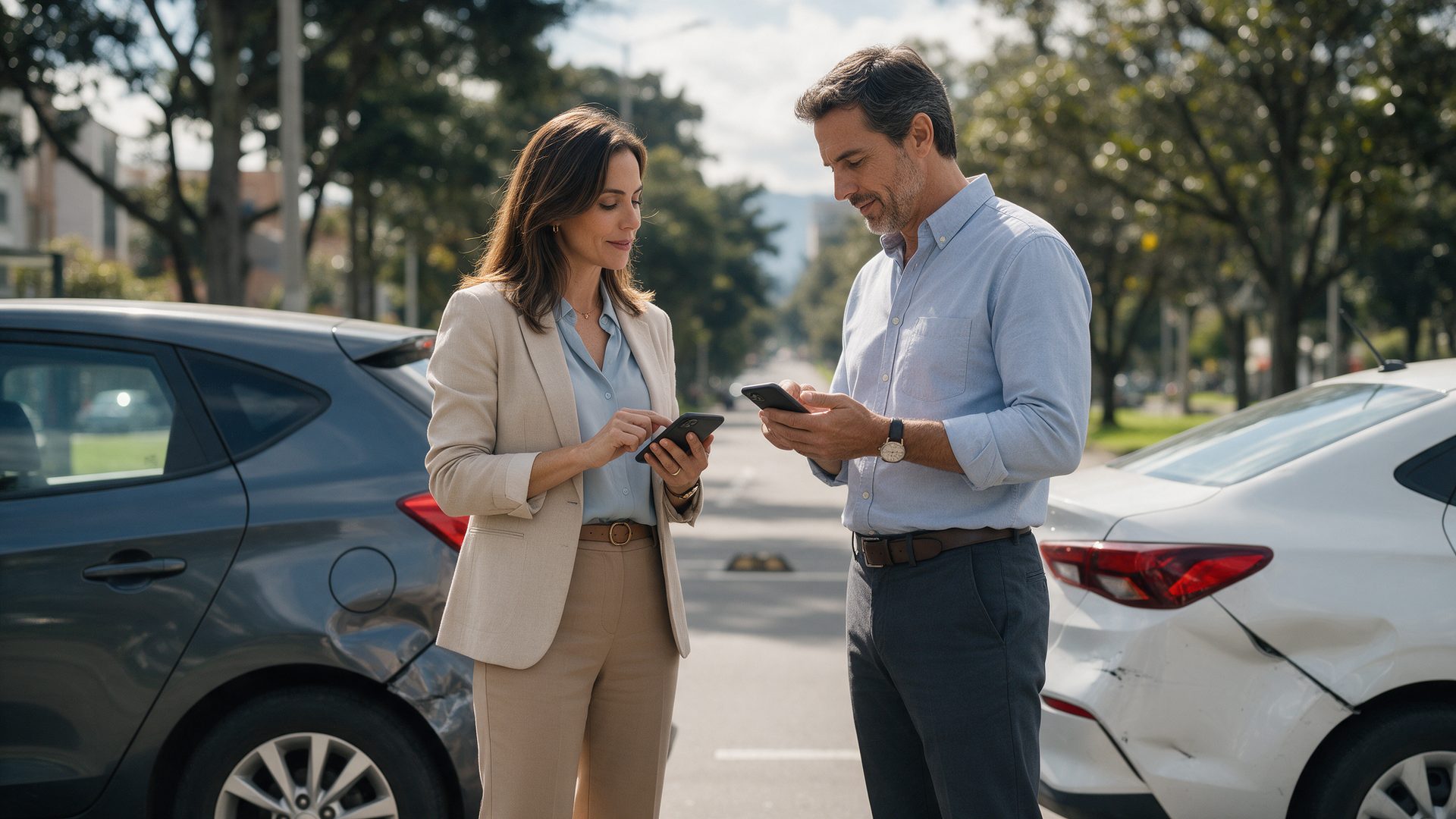 Dos conductores intercambian datos con calma junto a sus carros después de un choque leve