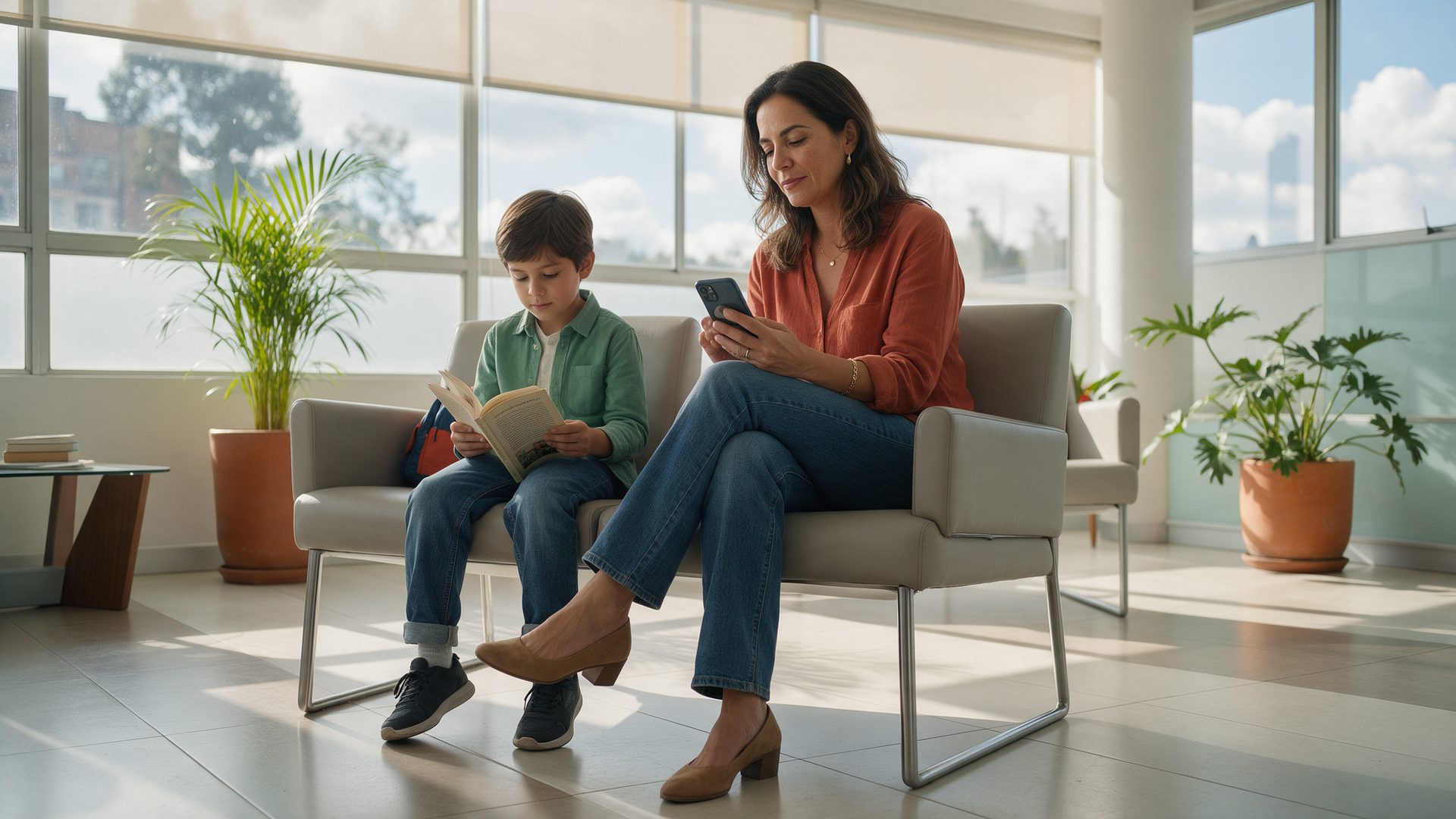 Mamá revisa su celular mientras su hijo lee un libro en una sala de espera