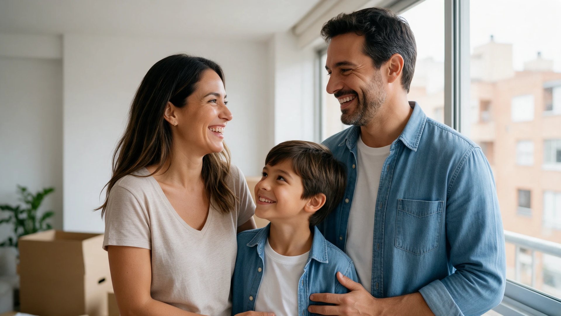 Familia sonriendo junto a la ventana de su apartamento nuevo, con otros edificios al fondo
