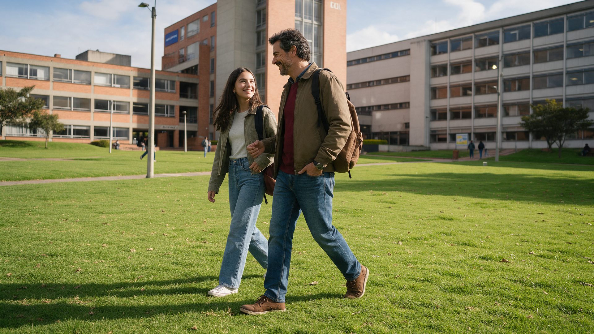 Papá e hija caminan por el campus de una universidad