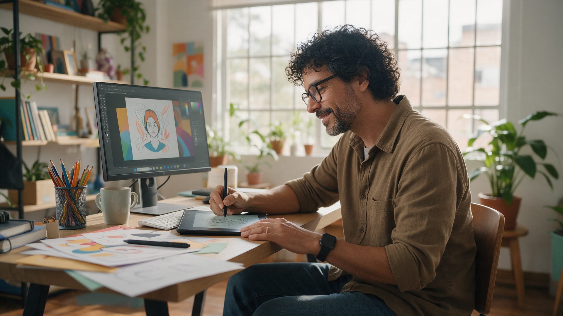 Diseñador independiente trabaja en su estudio en casa