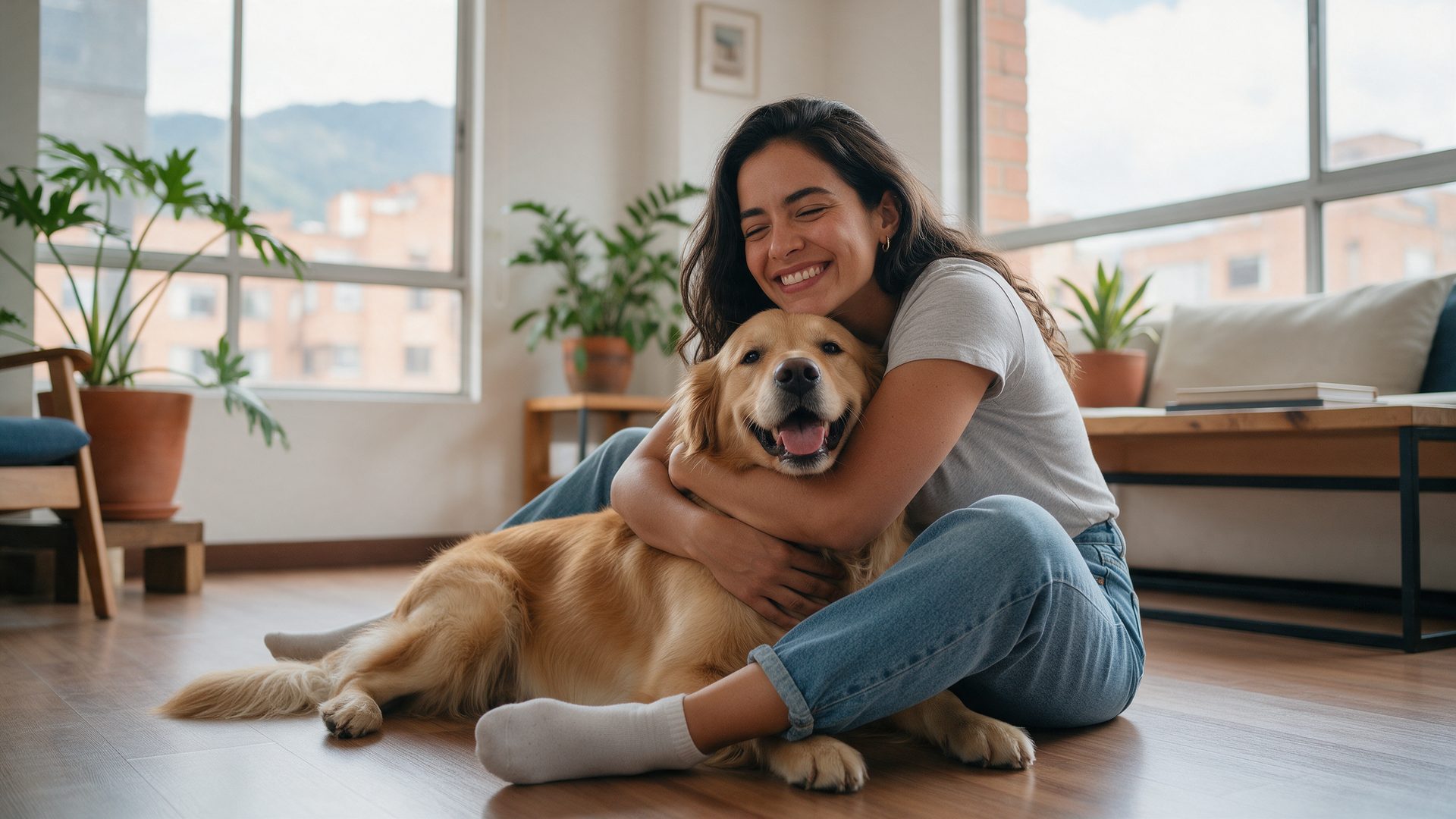 Mujer sentada en el piso de su apartamento abraza a su golden retriever