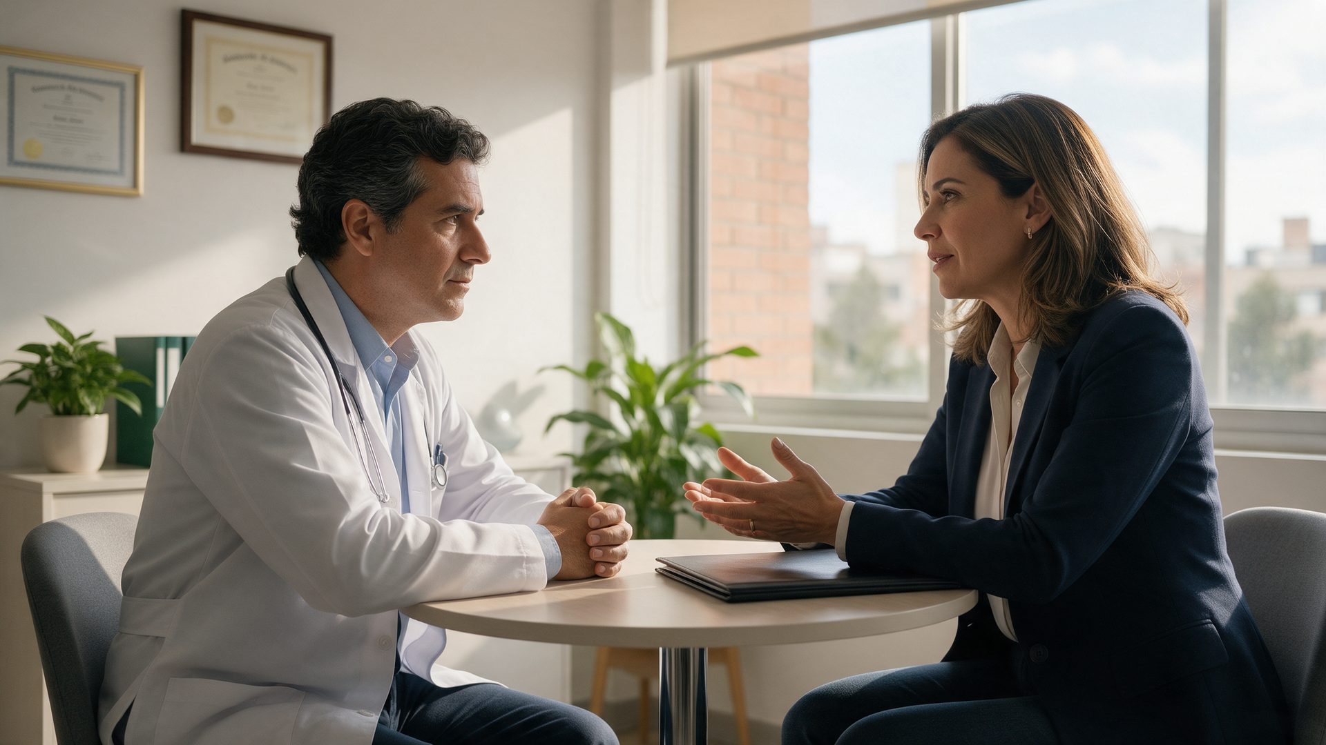 Médico conversa con calma con su abogada en su consultorio