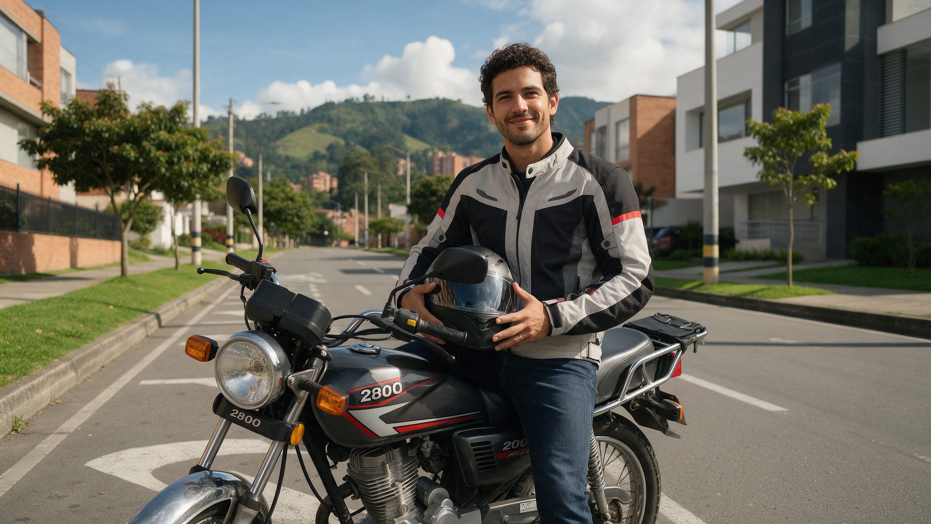 Motociclista sonríe sentado en su moto parqueada en una calle de Medellín