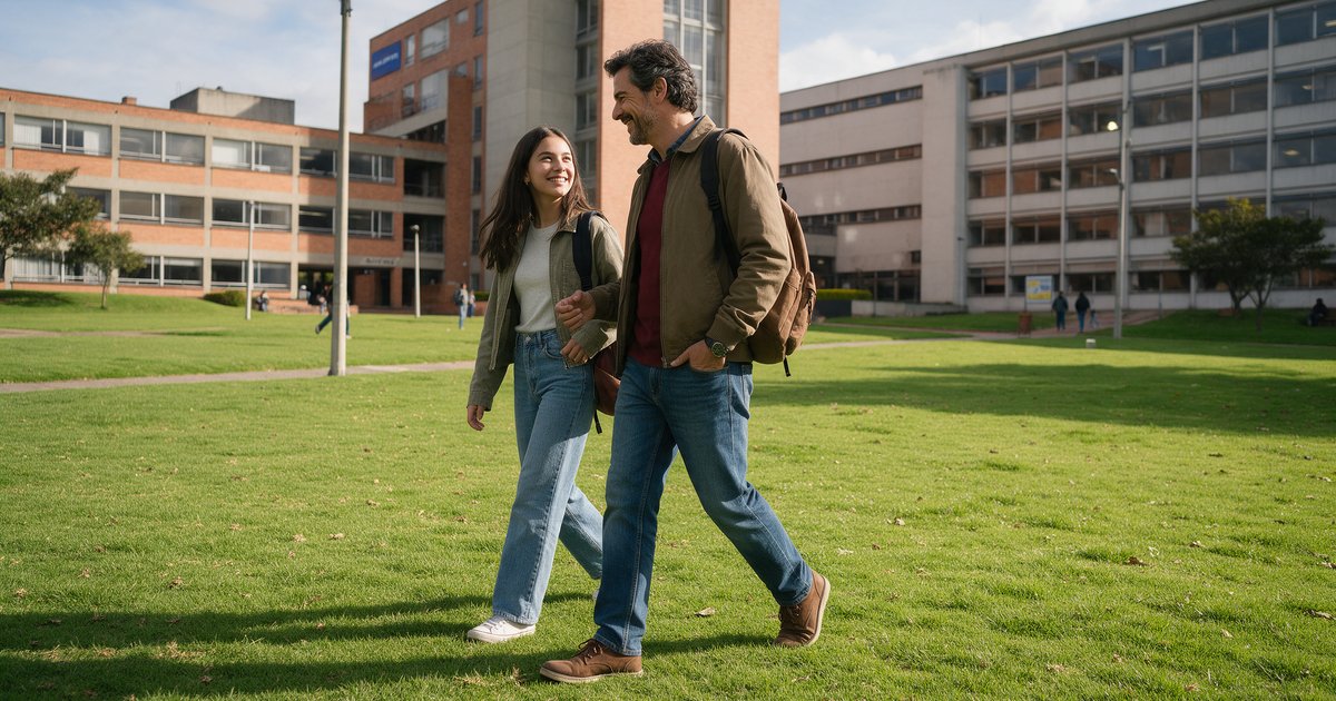 Papá e hija caminan por el campus de una universidad