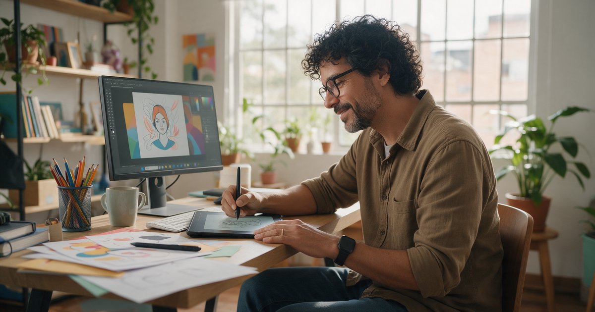 Diseñador independiente trabaja en su estudio en casa