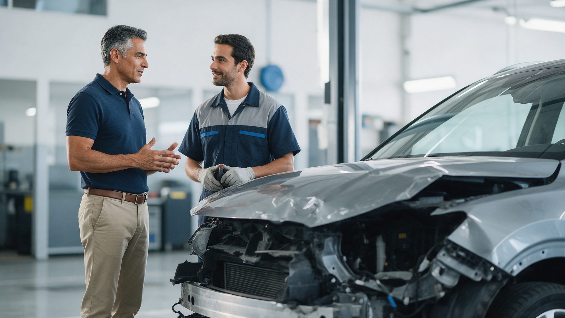 Hombre conversa con un mecánico junto a su carro con el frente muy dañado en un taller