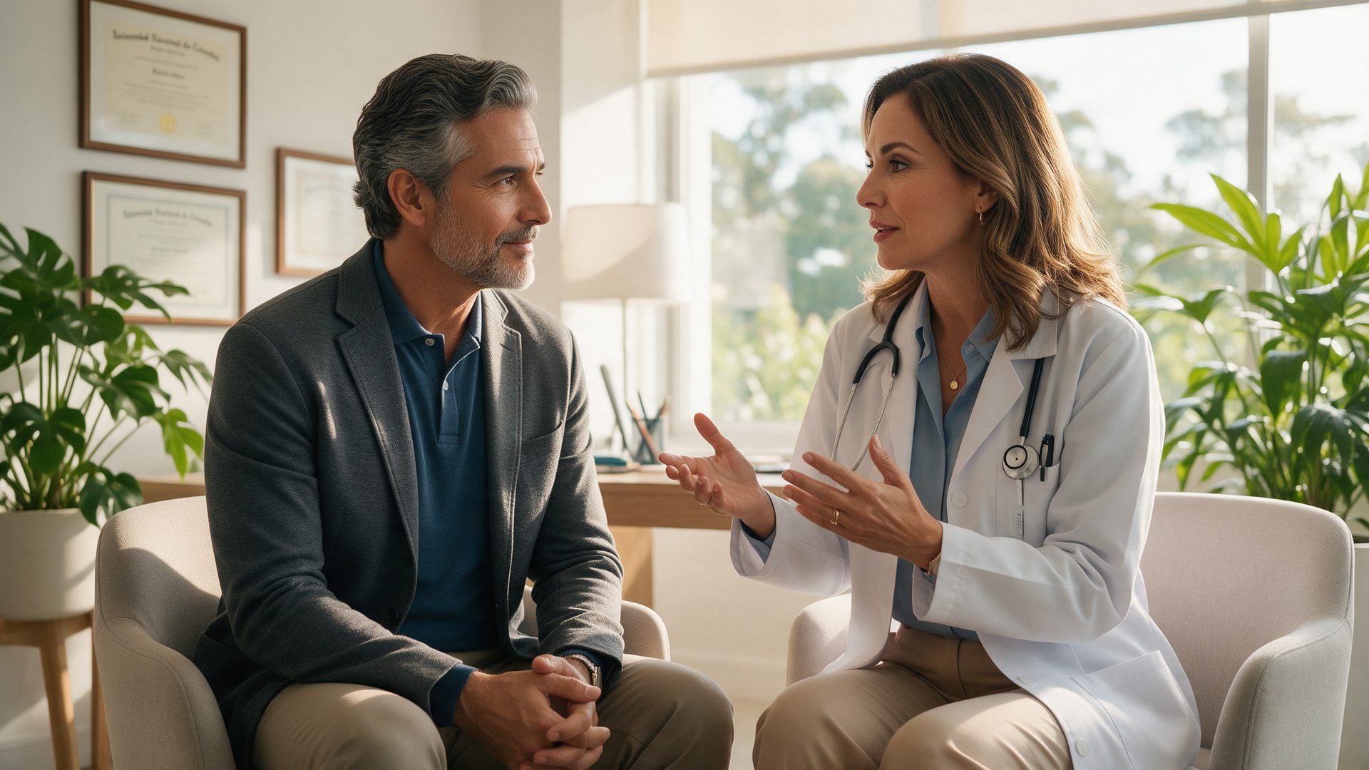 Hombre de unos 50 años, de saco gris, conversa con su médica en un consultorio iluminado