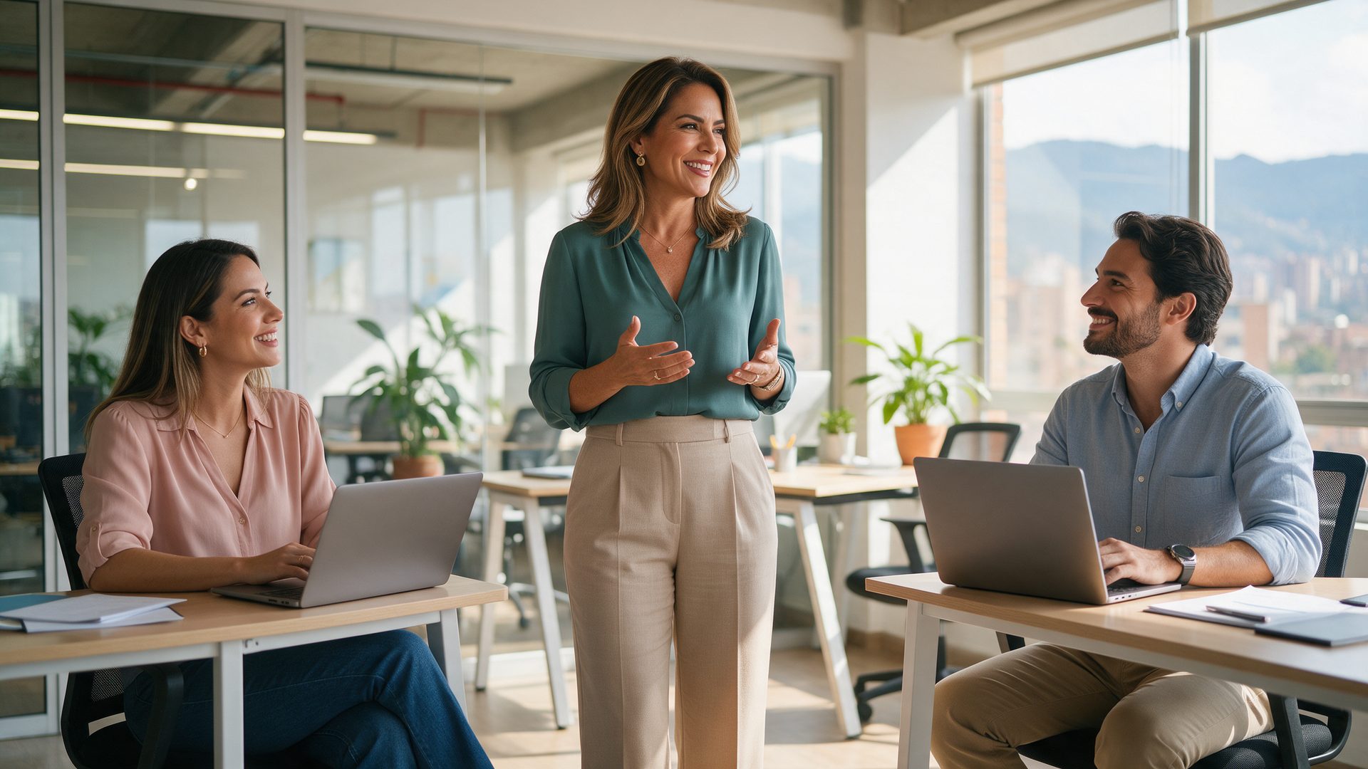 Empresaria sonriente conversa con dos de sus empleados en una oficina luminosa con vista a las montañas