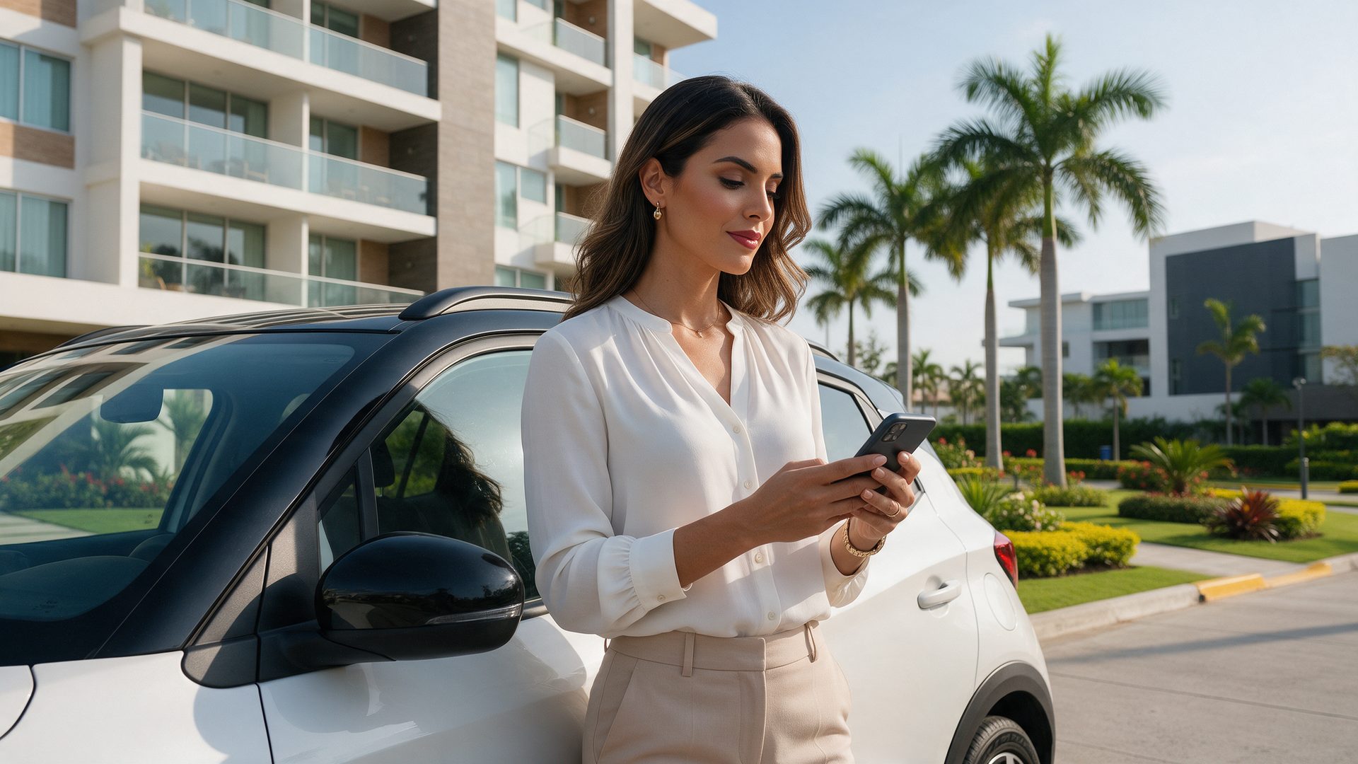Mujer joven revisa su celular junto a su carro frente a un edificio moderno