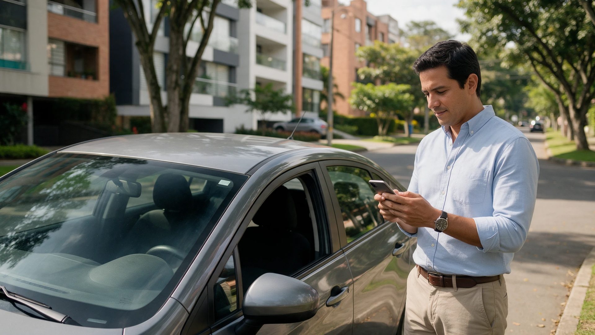 Hombre revisa su celular junto a su carro parqueado en una calle residencial