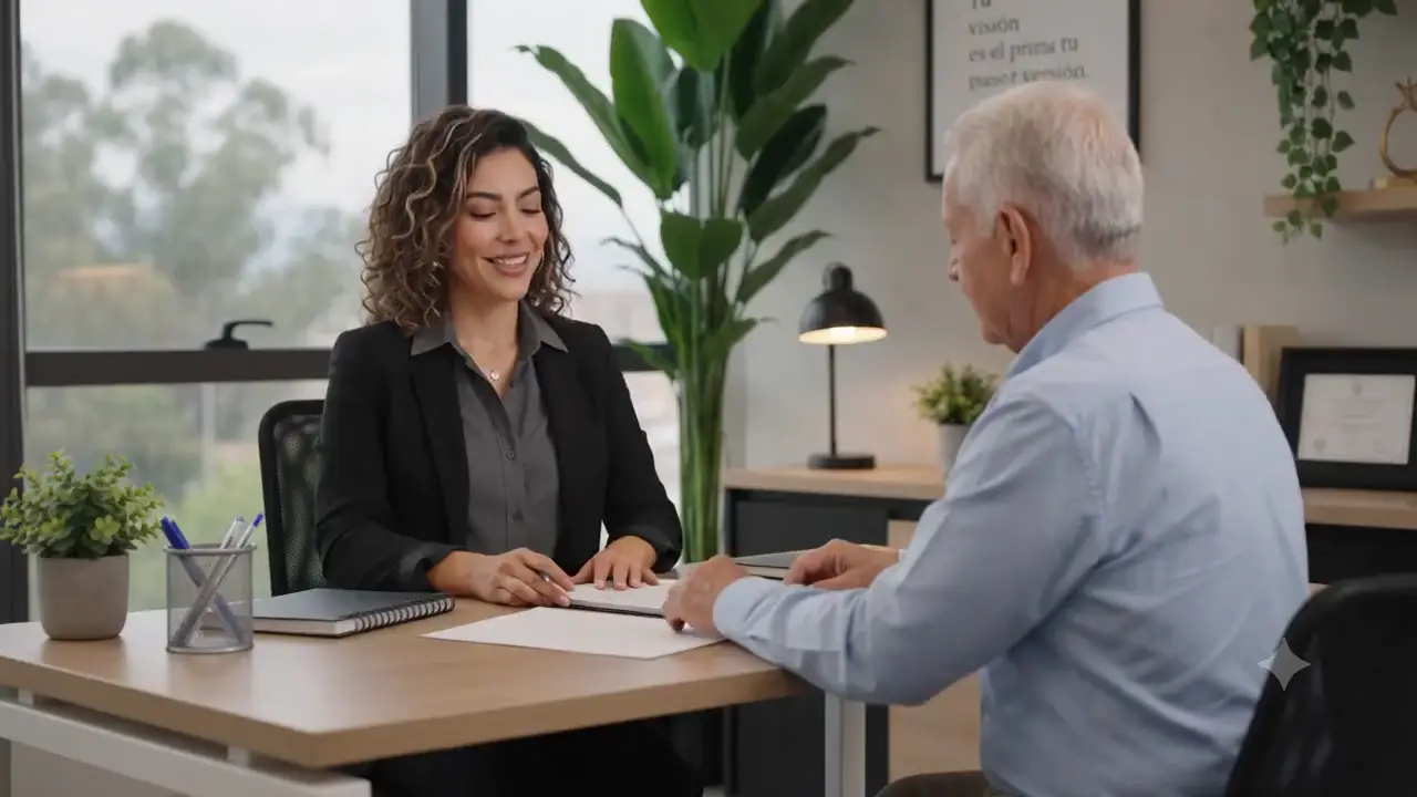Asesora conversando con un cliente en la oficina